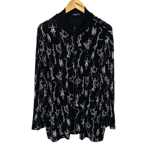 Vikki Vi Slinky Knit Full Zip Jacket Quirky Print Black White Plus 1X Artsy - Picture 1 of 13